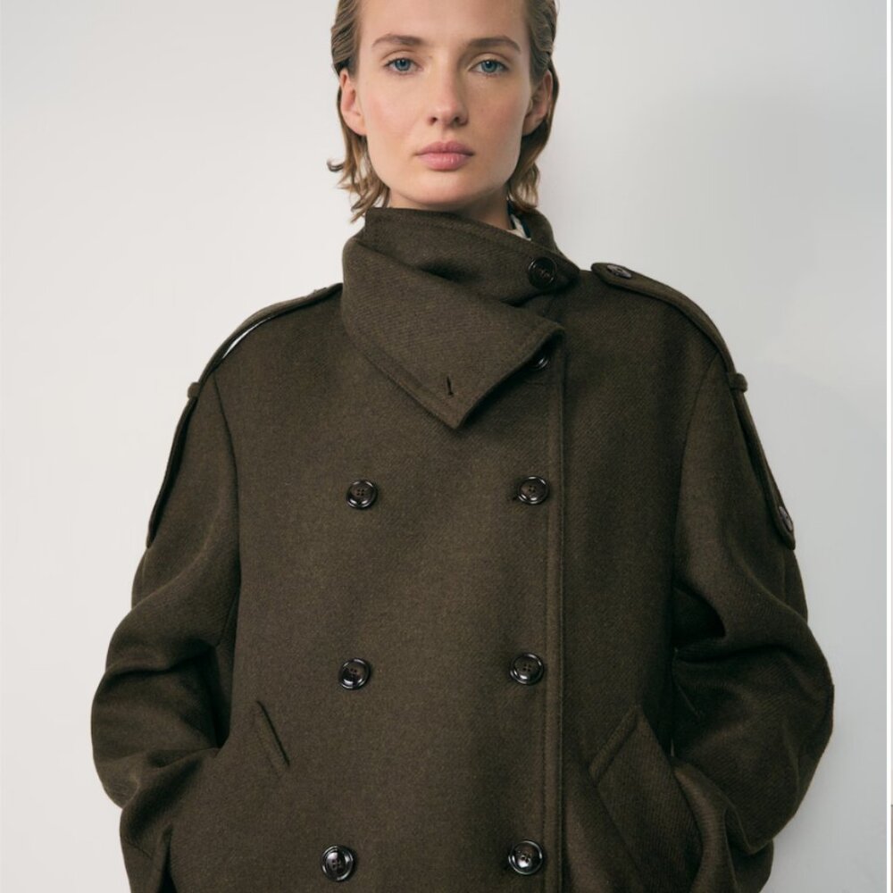 Mango Double-Breasted Green Wool Coat